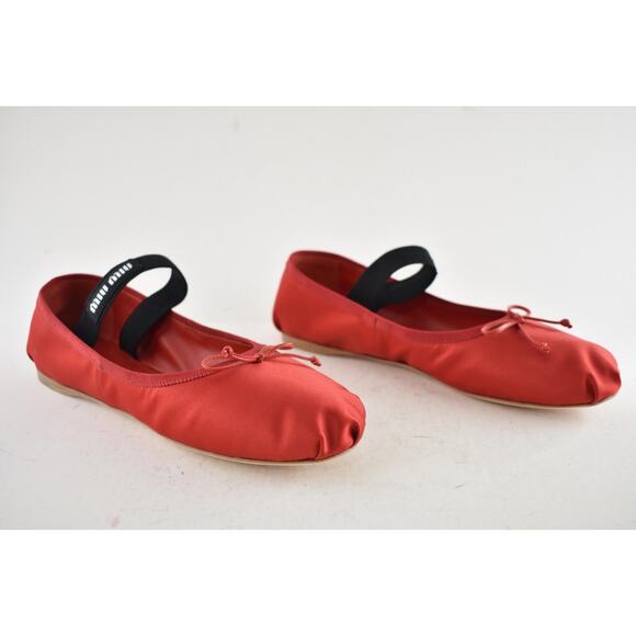 Miu Miu Satin Rosso Red Black White Logo Strap Bow Ballet Ballerina Flats 39 - Picture 4 of 16